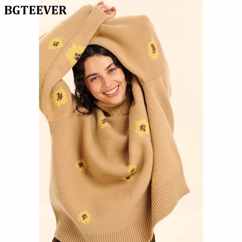 BGTEEVER Vintage Long Sleeve Ladies Floral Knitted Sweaters Pullovers Elegant Warm Loose Female Turtleneck Jumpers Autumn Winter
