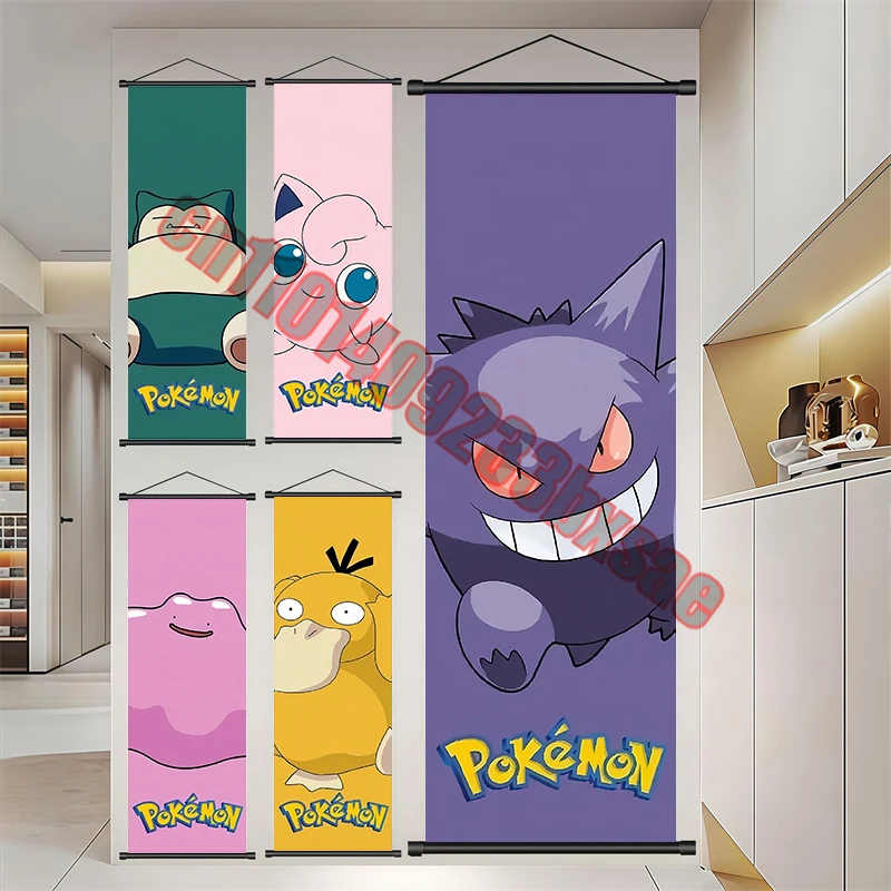 

Classic Cartoon Anime Pokemon Gengar, Psyduck, Pikachu, Bulbasaur, Squirtle Scroll Painting Suitable for Living Room Decoration