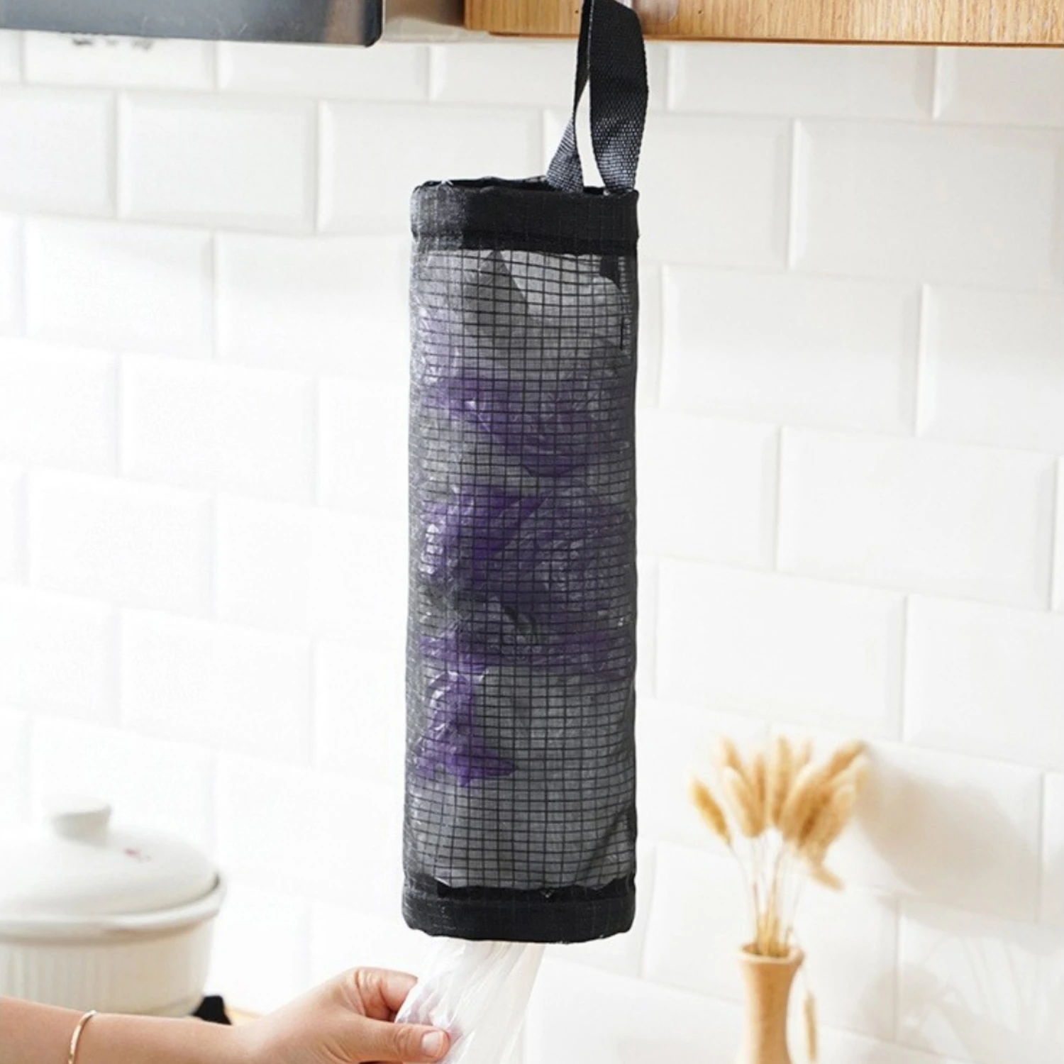 1pc Plastic Bag Holder, Grocery Bag Holder, Mesh Hanging Storage Bag Dispenser, Foldable Garbage Bag Organizer