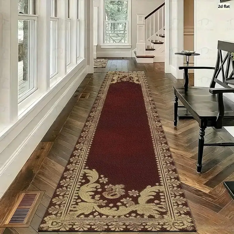 Vintage Baroque Border Carpet Flooring, Elegant Dark Red Floral Frame Area Rug for Living Room Bedroom Decor