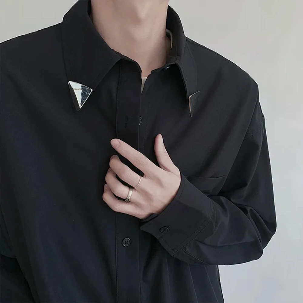 Mens Shirt Metal Decoration Business Casual Shirt British Elegant Commuting Solid Color Simple Long-Sleeve Top Men'S Clothing