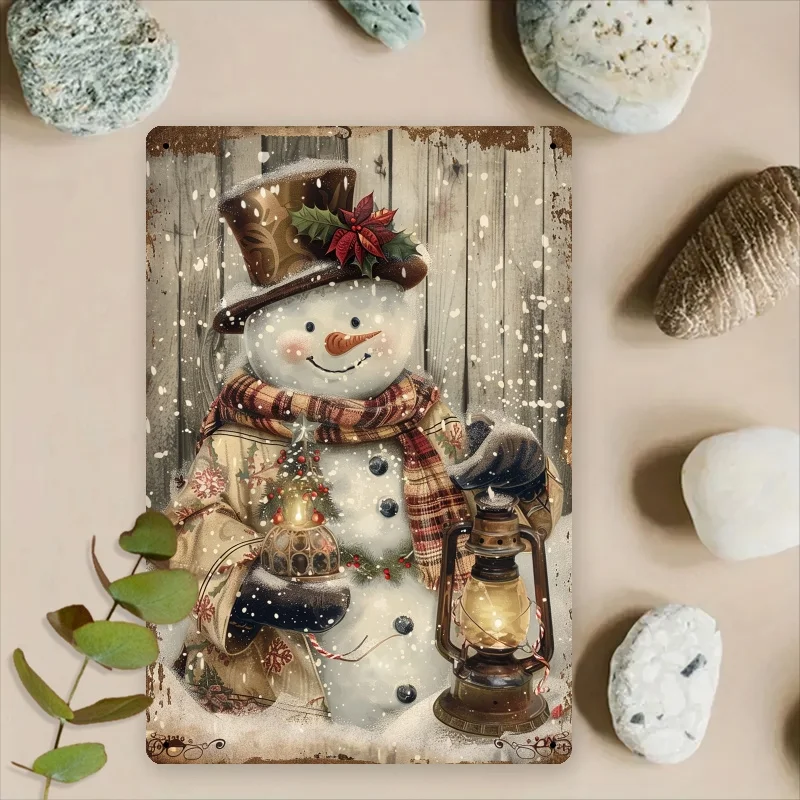 A Vintage Snowman Metal Lantern Sign, Measuring 20.32X30.48 cm - Perfect for Festive Wall Decor in Country Cottages, Suitable fo