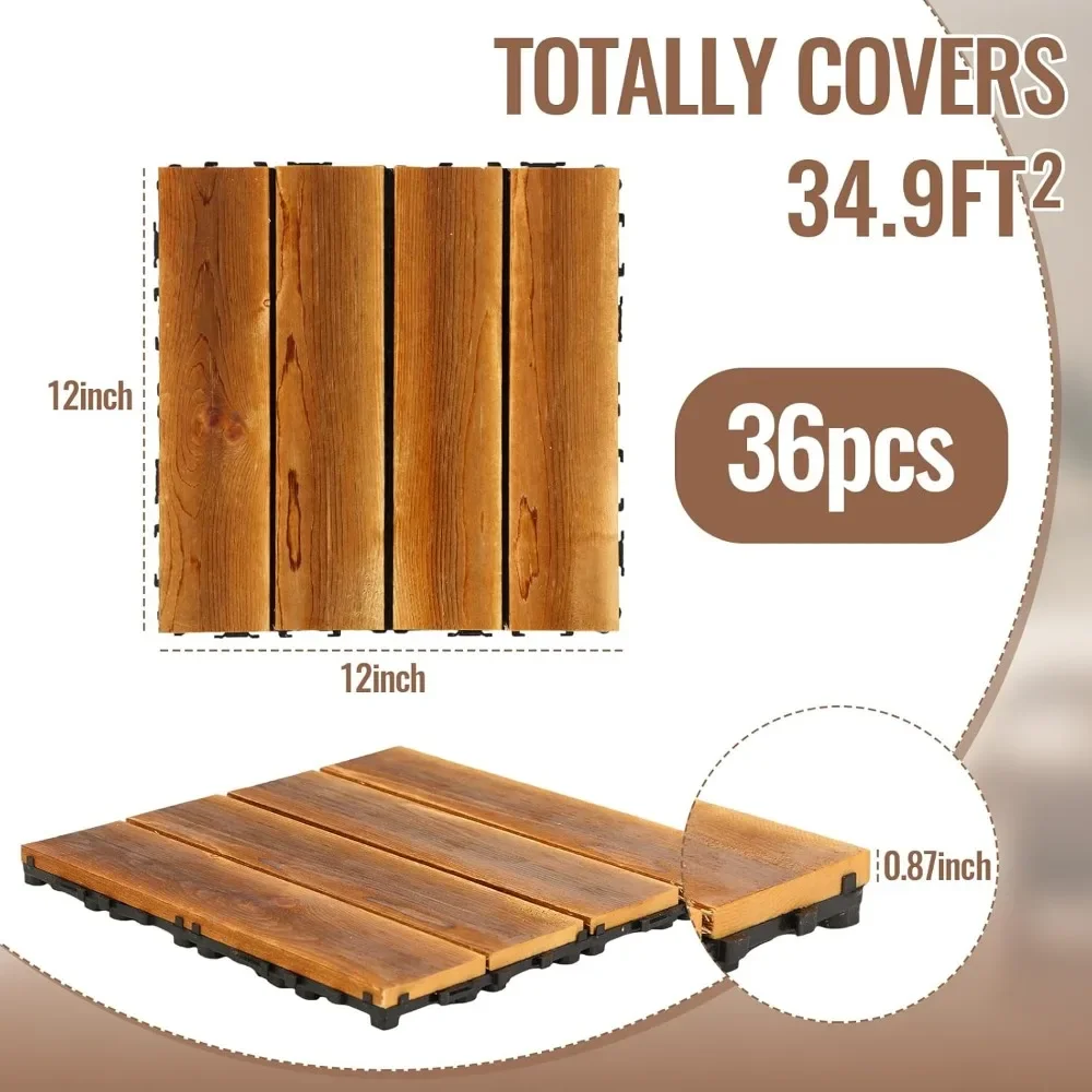 Hardwood Interlocking Tiles 12'' x 12'' Outdoor Wood Flooring Waterproof Wooden Floor Tiles for Garden Backyard Poolside(36 Pcs)