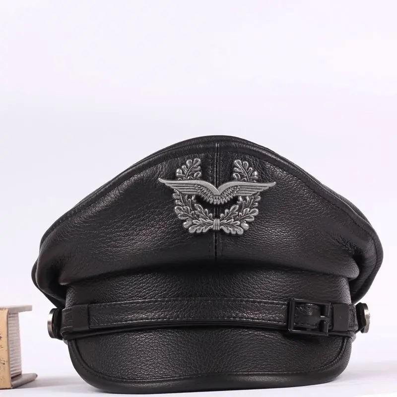 2024 New Retro American Sailor Cap German Military Caps For Men Male Genuine Leather Brown Flat Top Hats European Chapeau