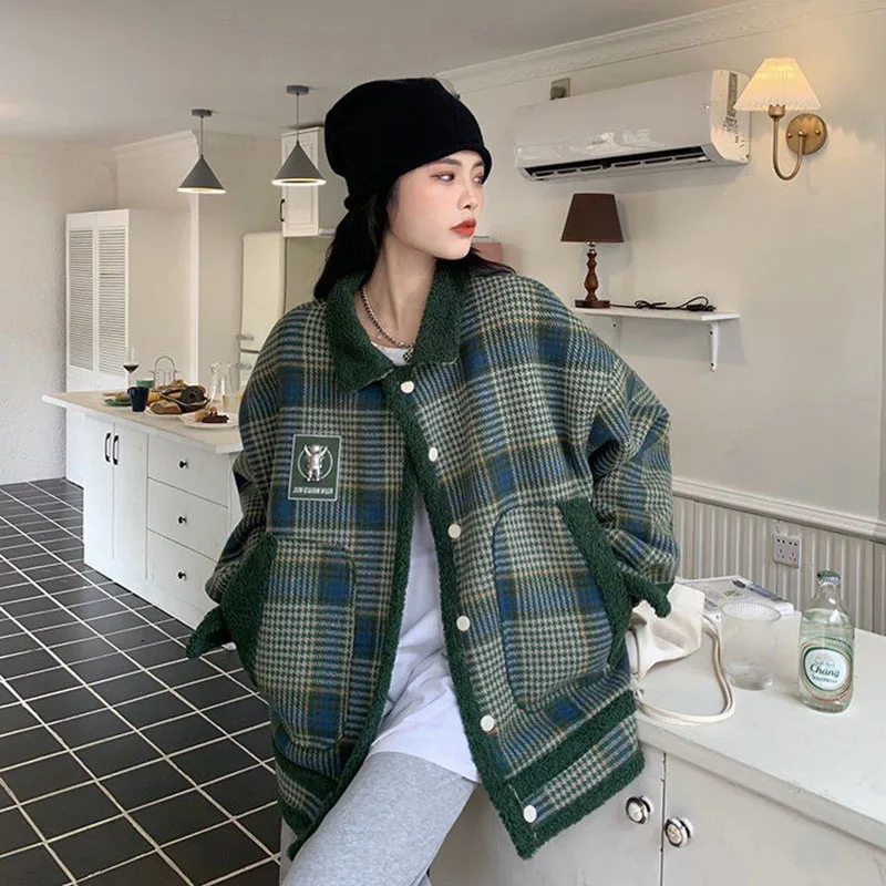 

Gidyq Streetwear Women Cardigan Sweater Autumn Korean Fashion Patchwork Loose Cashmere Coats Casual Female Plaid Knitted Jacket