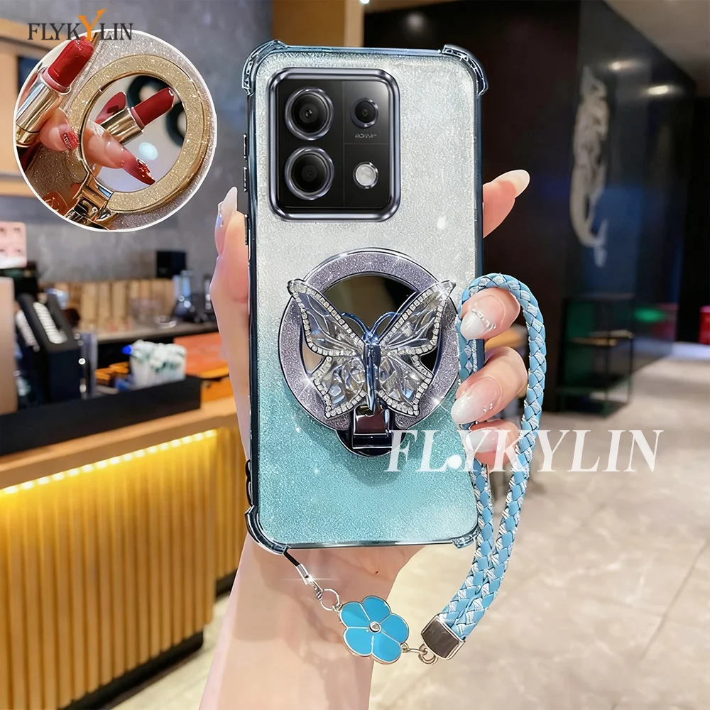 حافظة هاتف لهاتف Honor 400 Pro Smart 200 Lite 300 100 90 80 70 60 50 حامل مرآة على شكل فراشة مع حماية حبل اليد غلاف ناعم #1