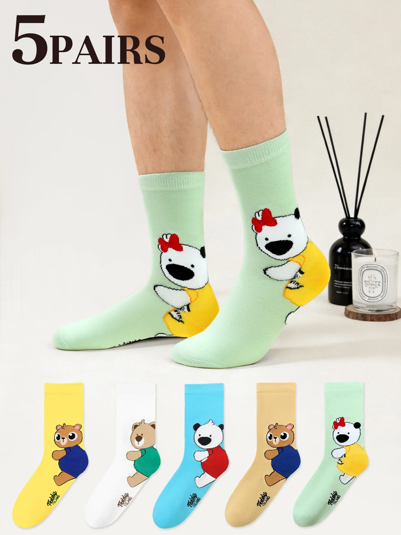 TEDDY ISLAND Women's Socks, Breathable Soft Polyester Fabric, Multicolor Teddy Bear Print Preppy Style,   Daily Wear Short Socks