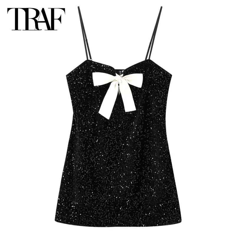 TRAF Sequins Bowชุดผู้หญิง 2024 ชุดสตรีมินิสีดําลื่นVestidosแขนกุดBacklessชุดElegant Party Dressesผู้หญิง
