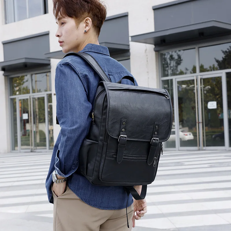 

Stylish solid color pu leather backpack going out men's business laptop bag large capacity outdoor travel backpack