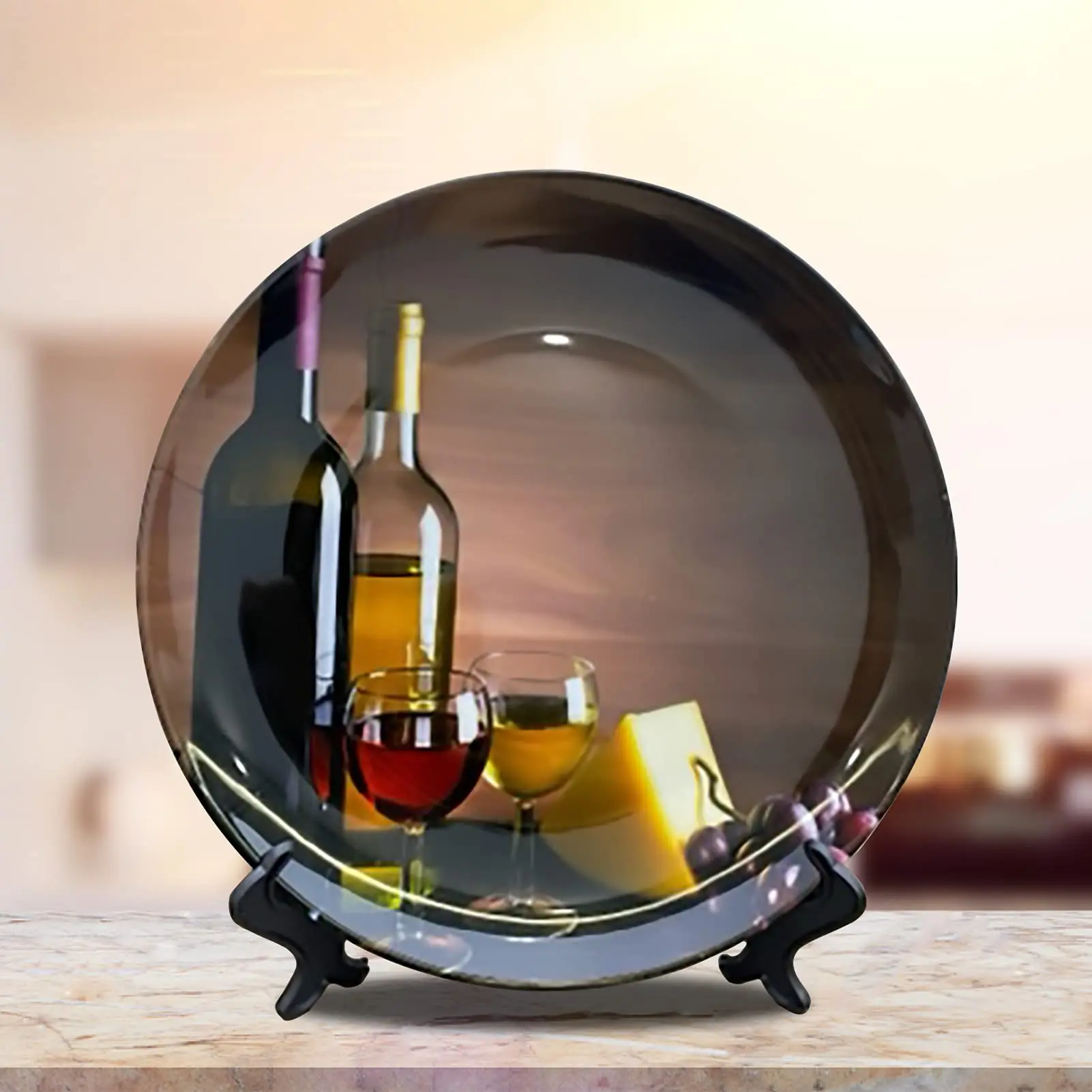 Assiettes décoratives en céramique avec présentoir, bouteille de vin, imprimé raisin, salle à manger, armoire à vin, décoration d'intérieur