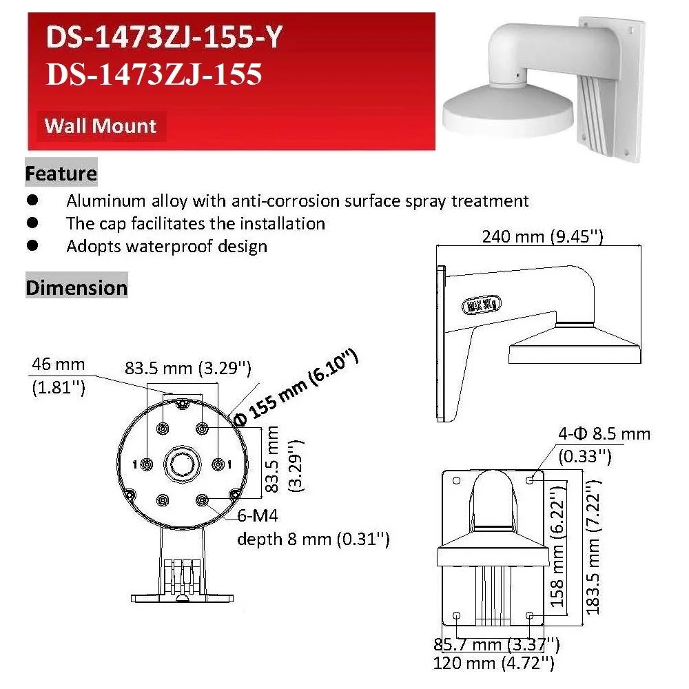 Original DS-1473ZJ-155 / DS-1473ZJ-155-Y En Alliage D'aluminium Mount prompt ket pour intérieur extérieur CCTV breton Caméra