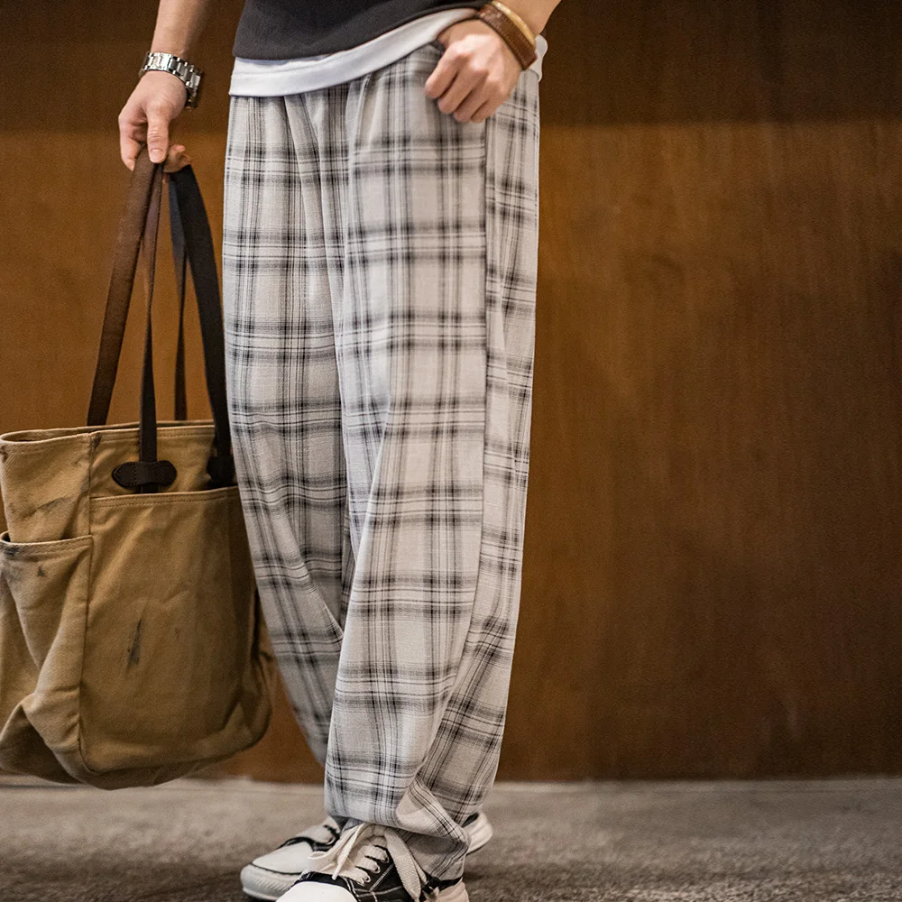 

Мужские винтажные клетчатые брюки-карго Maden, весенние легкие свободные брюки с завязками на талии, прямые брюки, повседневные широкие брюки