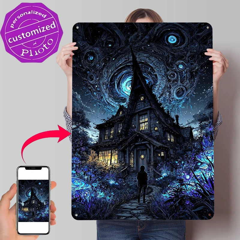 Mysterious House Under Cosmic Sky Metal Poster Customized Wall Art Retro Vintage Tinplate Signs for Luxury Home Decor Items Room