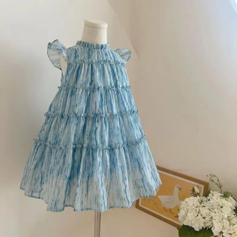 Summer Layered Dress for Little Girls Kids Korean Fashion A-line Sleelveless Dresses Infants Girl Summer Elegant Blue Sundress