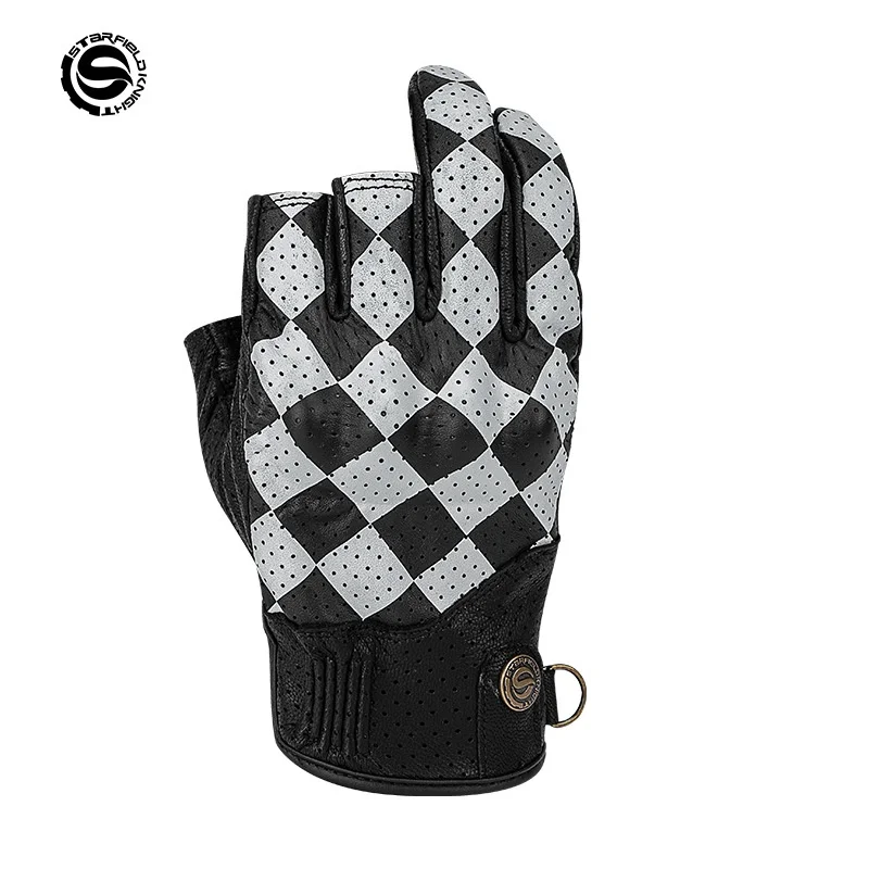 STAR FIELD KNIGHT SKG-566 Summer Motorcycle Half Finger Gloves Men Breathable Goatskin Cowhide Retro Riding Gear Black White