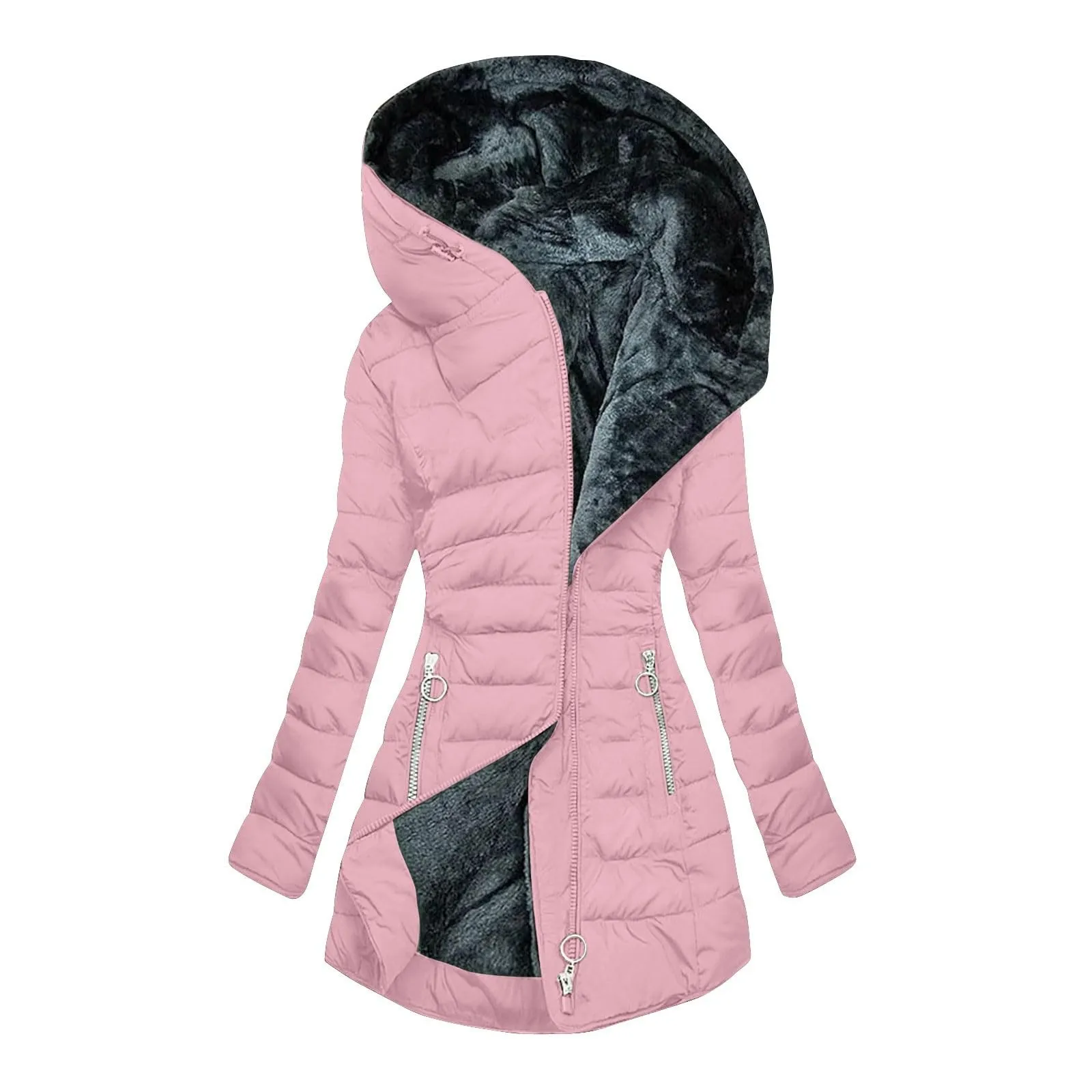 Outono inverno sólido composto zíper acolchoado casaco manga longa bolso fino ajuste outerwear feminino forro de lã quente jaqueta com capuz