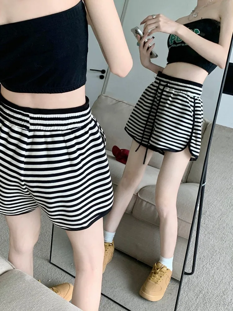 Summer Shorts Women Striped Stylish Vintage Soft Female Streetwear Casual Student College All-match High Waist Minimalist Thin