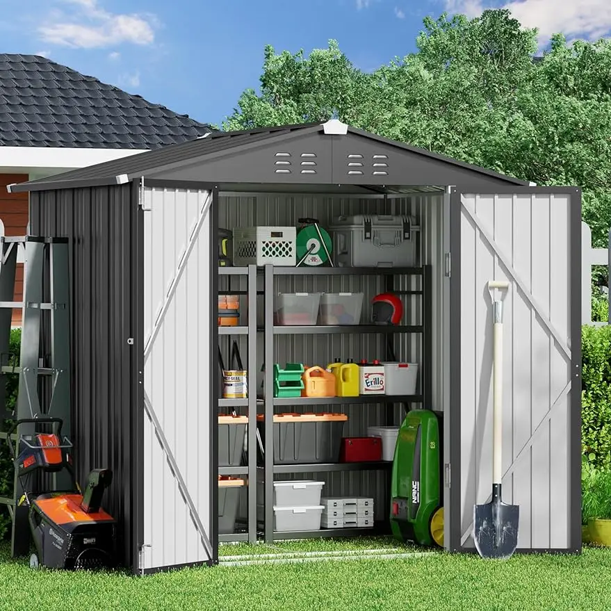 

Outdoor Storage Shed with Metal Base Frame, Galvanized Metal Garden Shed with Double Lockable Doors, Outdoor Storage Clearance