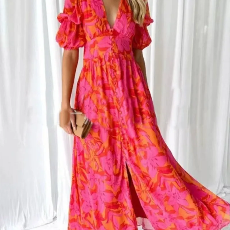 Frühling Sommer Frau Bohemian Kleid Büro Dame Mode Lässig Lose Druck V-ausschnitt Kurzarm Kleider Für Frauen 2025