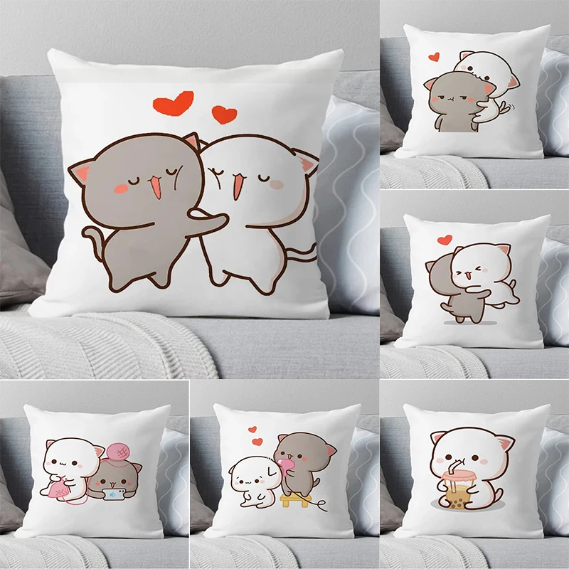 45x45cm Kawaii Mocha Mochi Peach Cat Polyester Peach Pillowcases Cute Throw Pillow Cover Home Decor Sofa Car Waist Cushion Cover