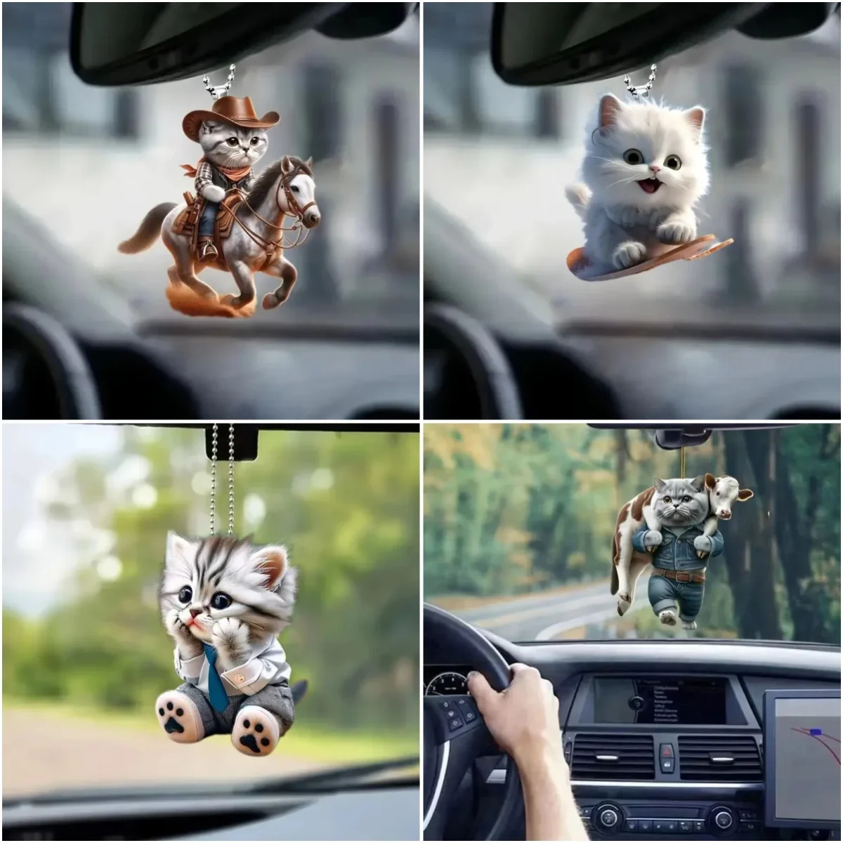 Zawieszka samochodowa 2D wisząca ozdoba z łańcuszkiem realistyczne zwierzę w kształcie kota lusterko wsteczne wiszące dekoracje akcesoria do wnętrza samochodu