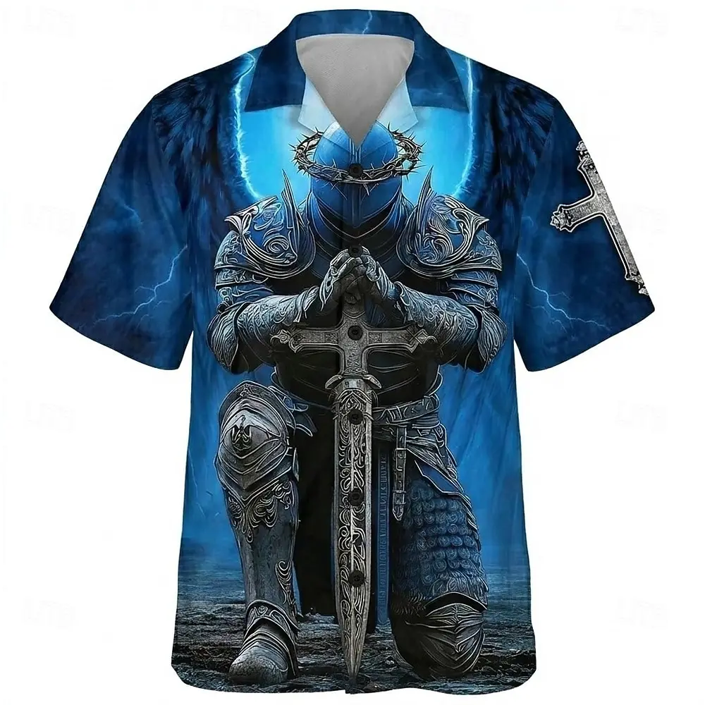Men's Religion Theme Knights Templar Cross Print Short Sleeve Shirt 3D Print Button Up Streetwear Outfit Spring Summer