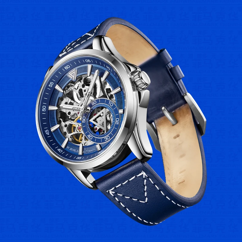 ساعة مارك فيرويل ميكانيكية هيكل عظمي للرجال بحزام جلدي أنيق مقاوم للماء توربيون أوتوماتيكي مضيء