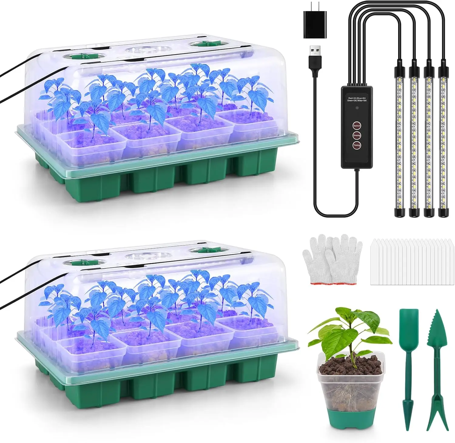 

Seed Starter Tray with Grow Light,24 Pack 2.9 inch Reuseable Clear Nursery Pots with Silicone Base/Humidity Dome for Dee