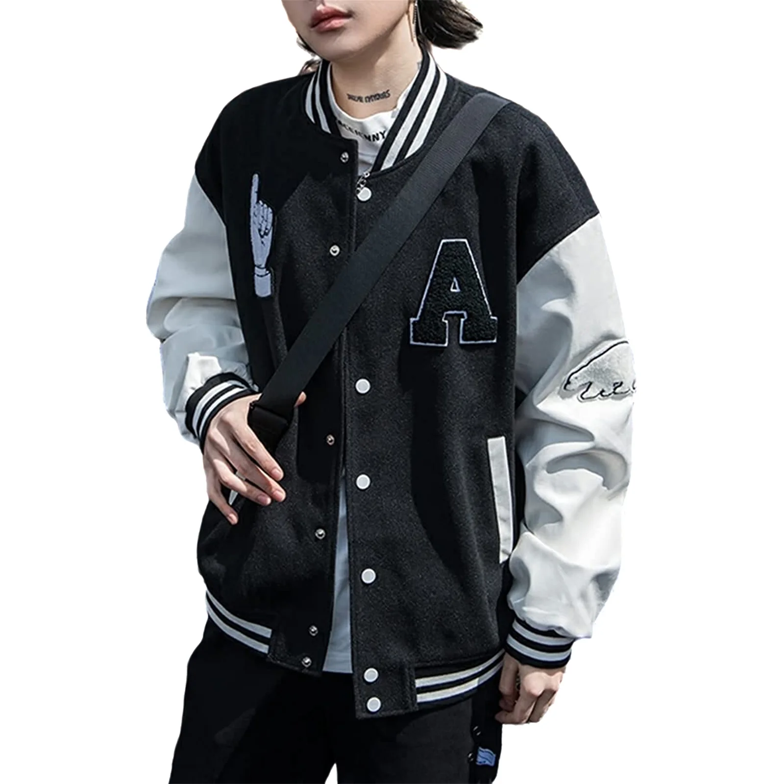 Korea Style Harajuku Matching Baseball Jackets for Couples Embroidery Stand Neck Long Sleeves Snaps Varsity Bomber Jacket