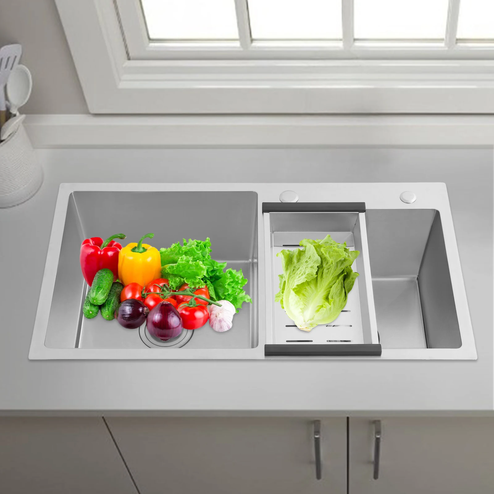 더블 보울 스테인레스 스틸 싱크대 주방 싱크대 배수 바구니 78x43cm 와이어 드로잉 마감