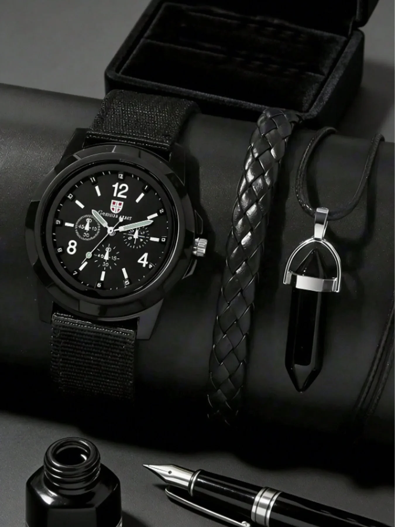 Men Fashion Watch Set Quartz Wristwatch Nylon Band Bracelet Necklace 3Pcs Gift Set For Men