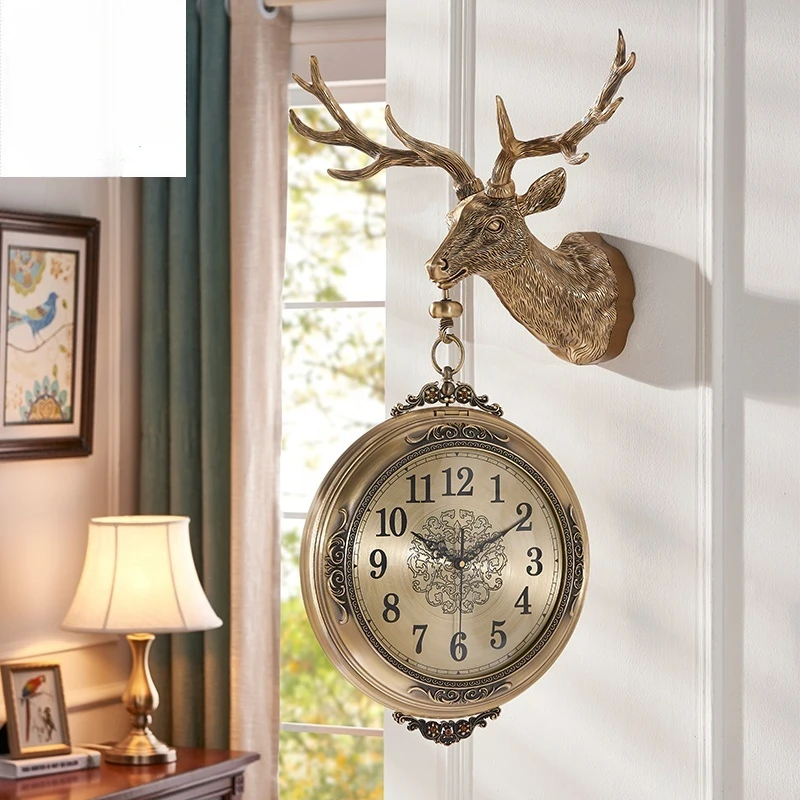 Creative Art Home Decor Modern Luxury Metal double-faced Deer head shaped clock wall decoration