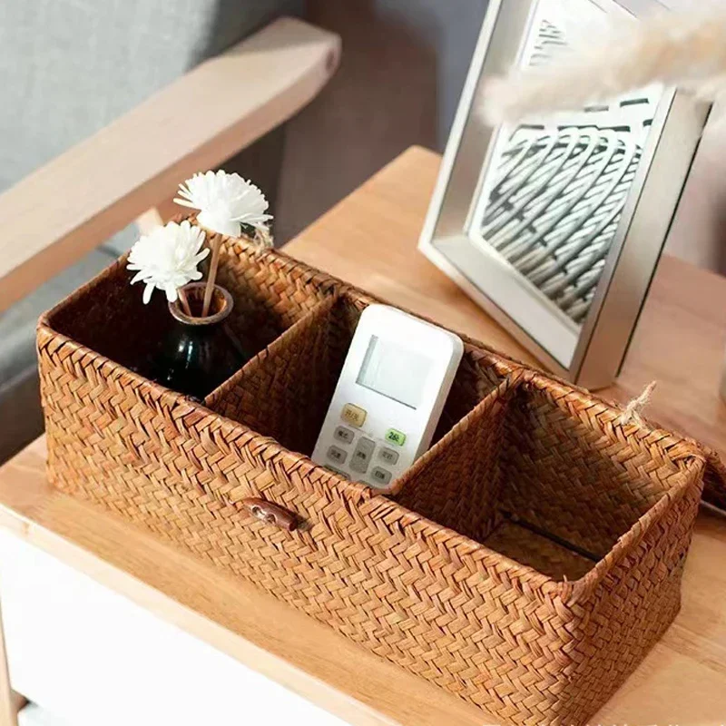 Hand Woven Storage Baskets with Lid Dust Clothing Basket Storage Box Rectangular Wardrobe Container Sundries Organizer 3 grids