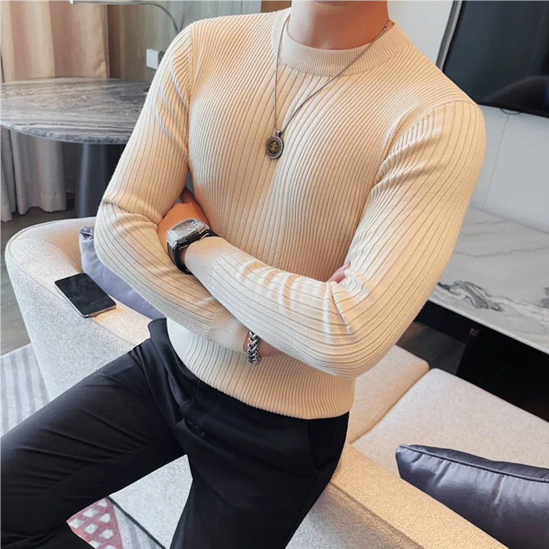 Winter New O-Neck Knitted Sweaters For Men Luxury Striped Slim Fit Casual Breathable Pullover Solid Simples Long Sleeve Sweater