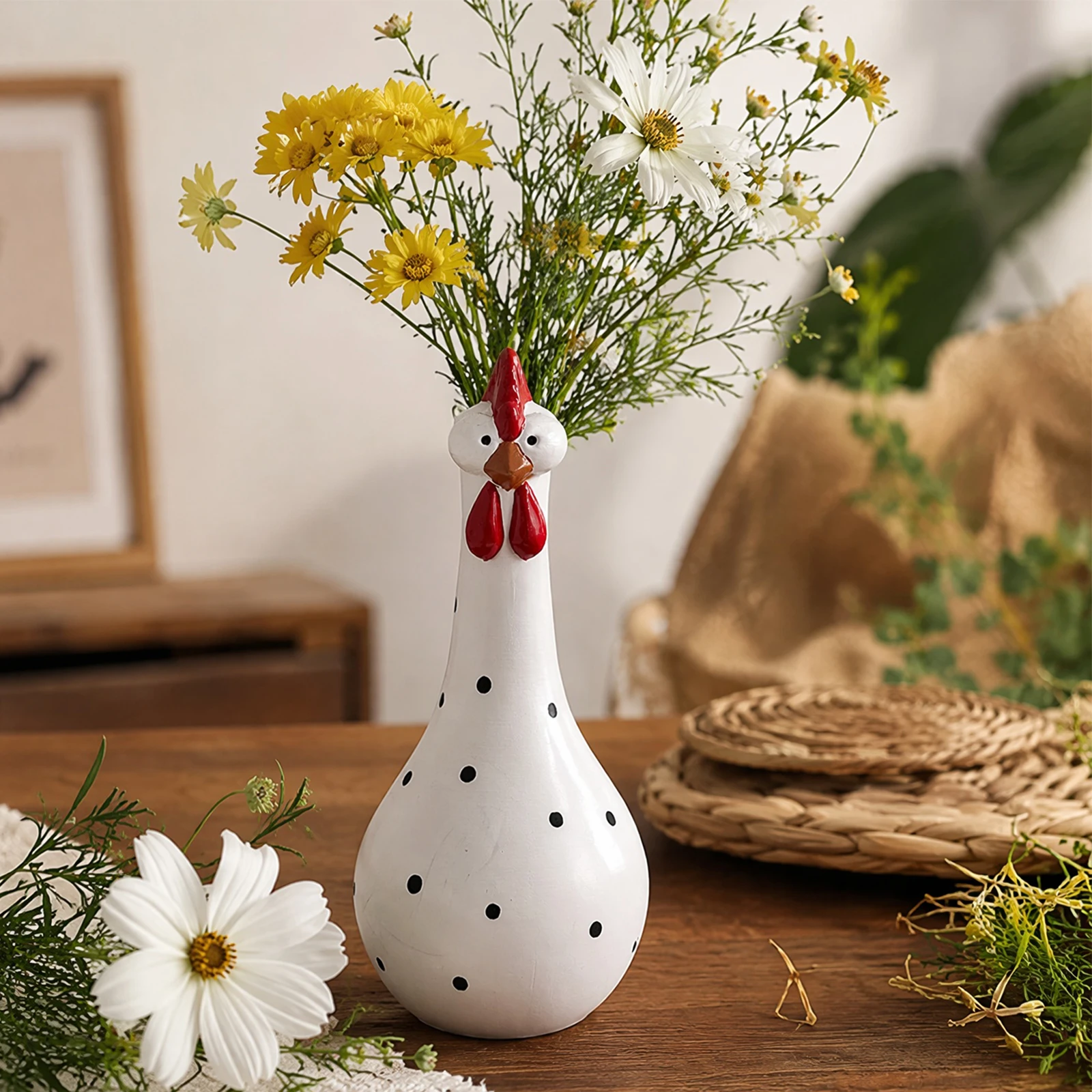 Long-Necked Chick Vase with Colorful Polka Dots Resin Art Rooster Sculpture Decors Long Neck Chicken Vase for Home Desktop