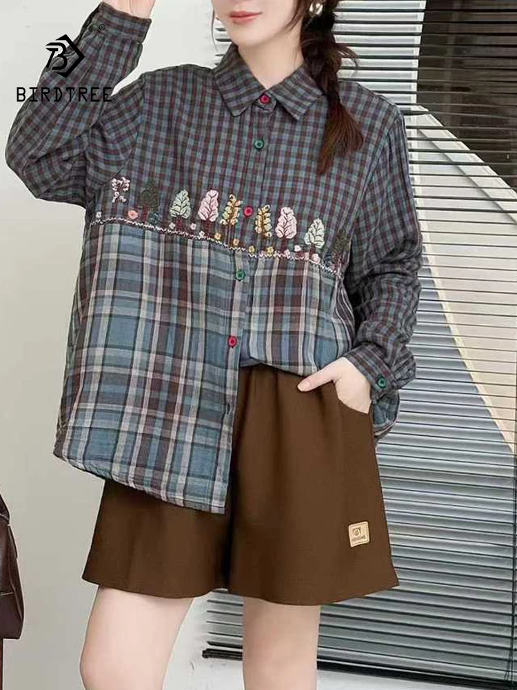 

Новинка 2025, осенняя рубашка с длинными рукавами из хлопковой пряжи, женская рубашка с отложным воротником и клетчатой вышивкой, свободная блузка в стиле ретро Mori Girl T5O554CC