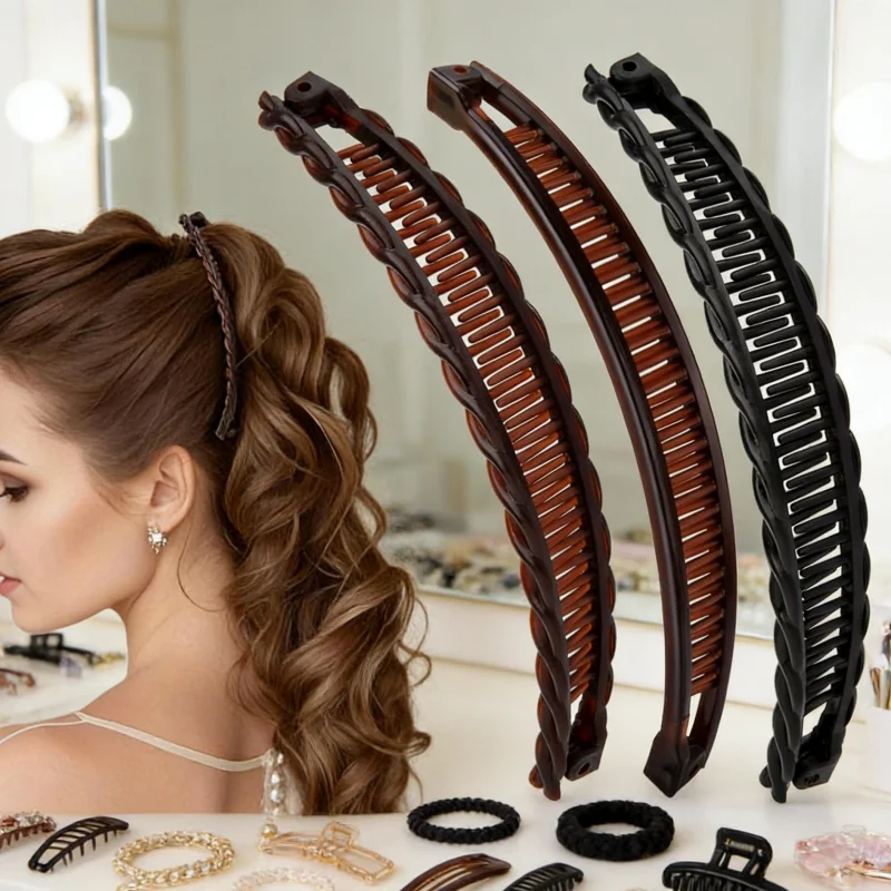 5-Pack of Large Banana Hair Clips for Women in Random Colors - Retro Non-Slip Double-Tooth Clips Suitable for Thick, Long, Curly Hair, Stable and Non-Falling, Gentle on Hair, Available in Coffee Color and Black, Retro Style Large Banana Hair Clips for Women, Retro Non-Slip Double-Tooth Clips
