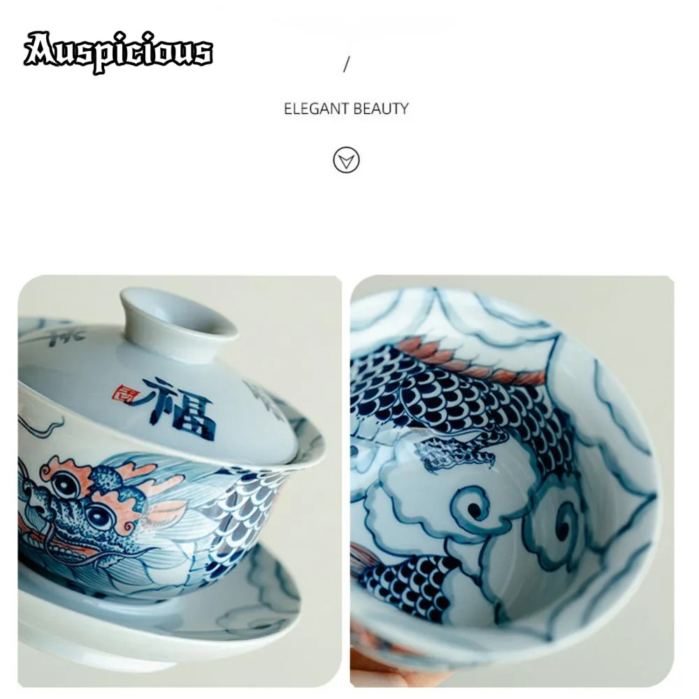 Pure Hand-painted Ink Dragon Tea Tureen Aesthetic Nafu Blue and White Tea Maker Gaiwan Household Teapot Teaware Decoration 200ml