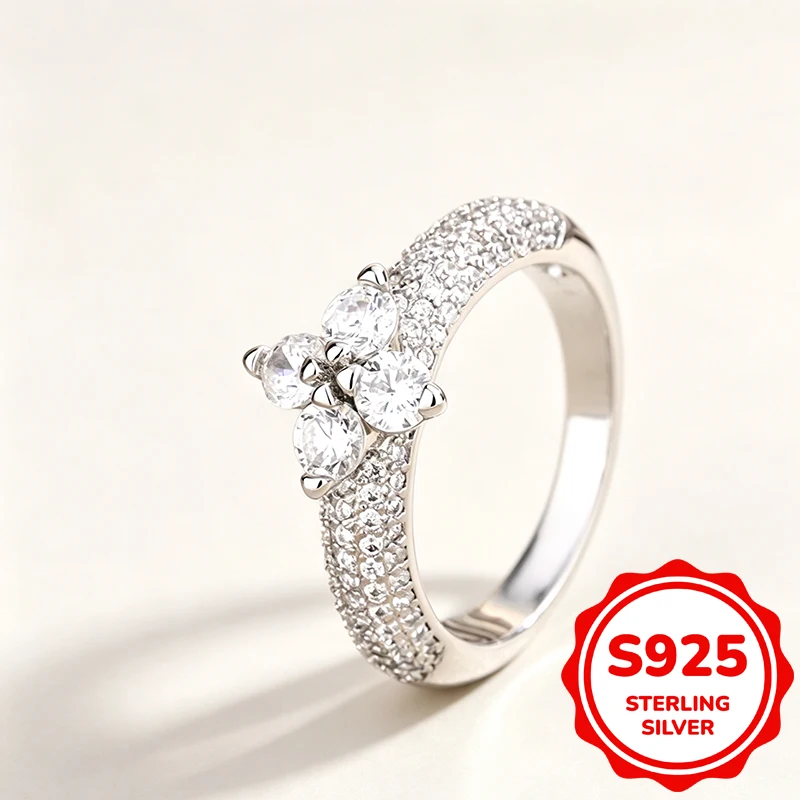 Genuine Sterling Silver 925 Ladies Ring, Four Stones Cluster Cubic Zirconia Full Micro Paved Band Ring For Wedding Party Jewelry