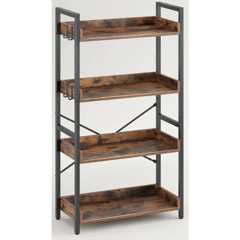 

4-Tier Industrial Bookshelf with Hooks, Vintage Storage Rack for Living Room & Bedroom, Rustic Brown