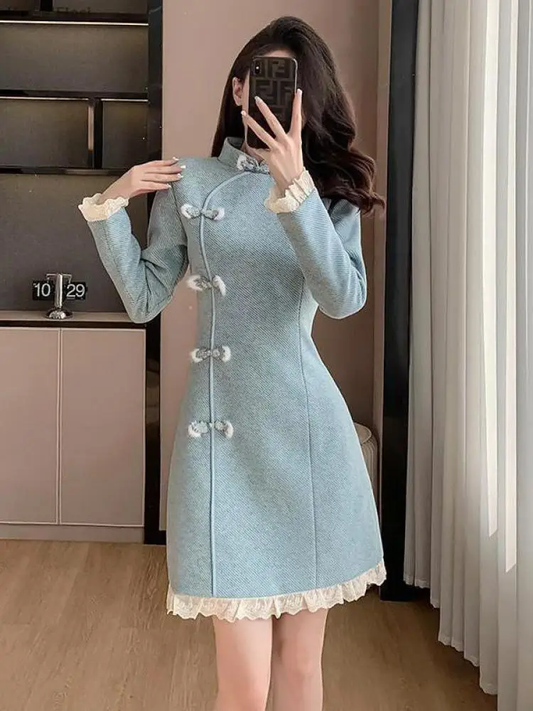 

2026 New Thickened Winter Qipao - Retro Elegant Daily Wear Chinese Dress With Fashionable Disc Buckle For Women