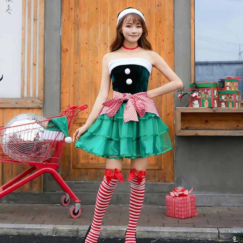 

Рождественский карнавальный костюм, милое темно-зеленое рождественское платье эльфа с пышным тортом без бретелек на канун Рождества