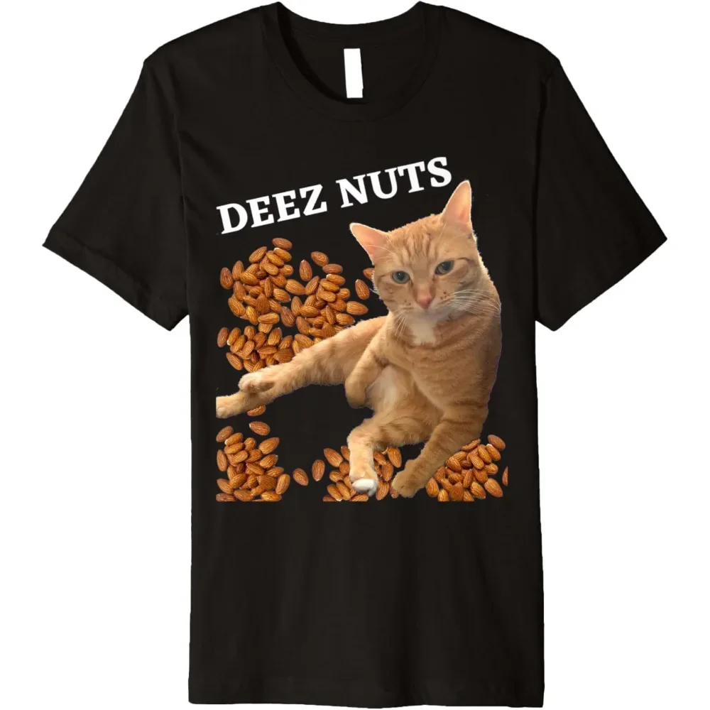 Funny Cat Deez Nuts Joke Premium Men Cotton Graphic T Shirts Short-sleev Tops Ropa Hombre