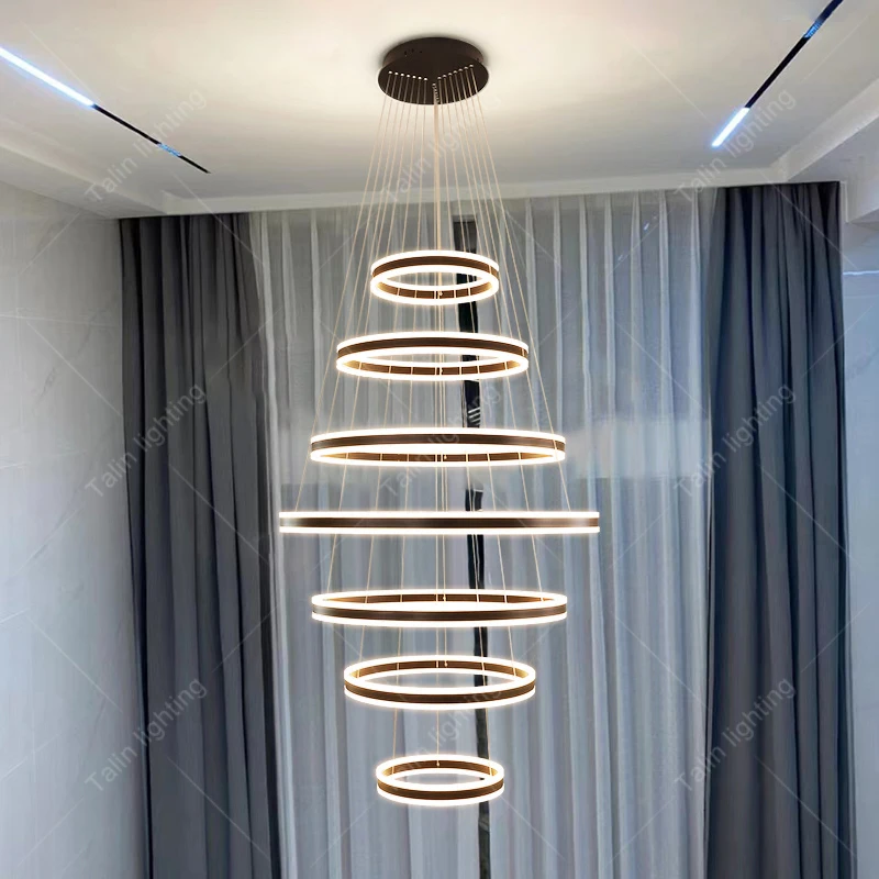 

Ring Modern Luxury Villa Chandelier Upscale Ring Staircase Chandelier High-Large Black Staircase Chandelier For Home Hotel