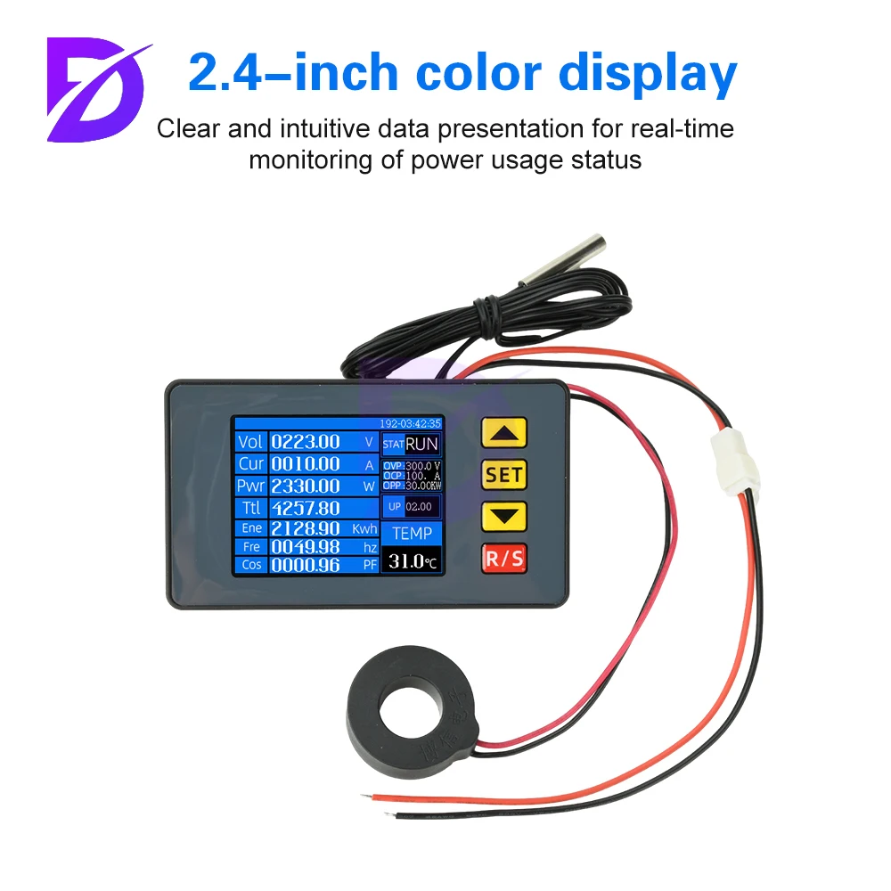 AC 50-300V 100A 2.4-inch Color Screen Multifunction Monitor Voltage Current and Power Meter External Closed Current Transducers