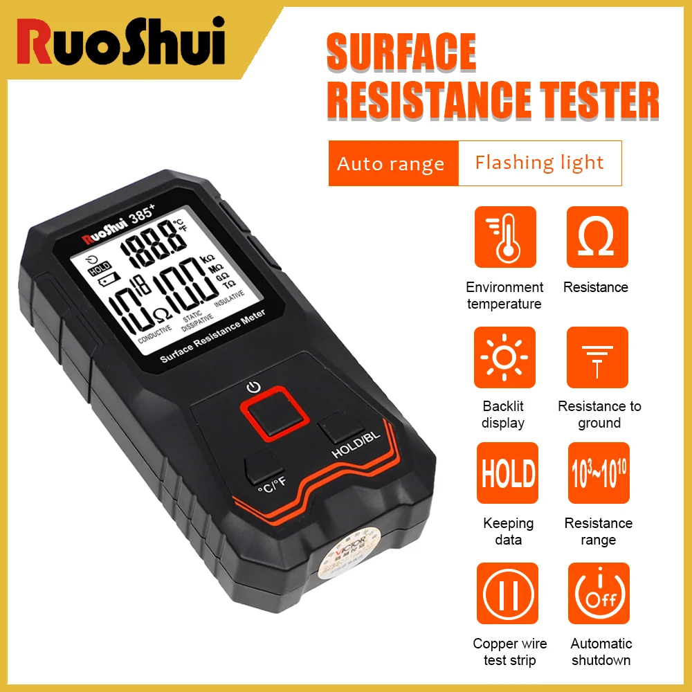

RuoShui 385+ Surface Resistance Tester Auto Range With Flashing Light LCD Display Resistance Testing Meter Inductive Detector