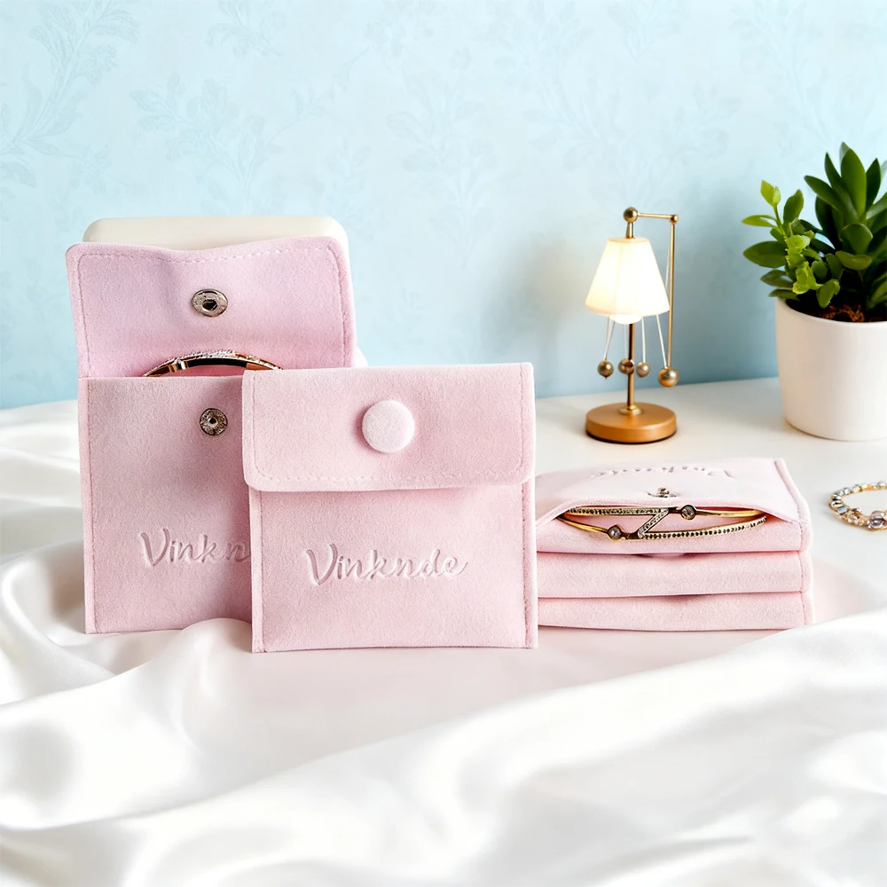 

Персонализированная детская розовая сумка для упаковки ювелирных изделий, индивидуальный логотип, конверт с кнопкой, бархатный чехол, дорожный браслет, сумка для хранения сережек