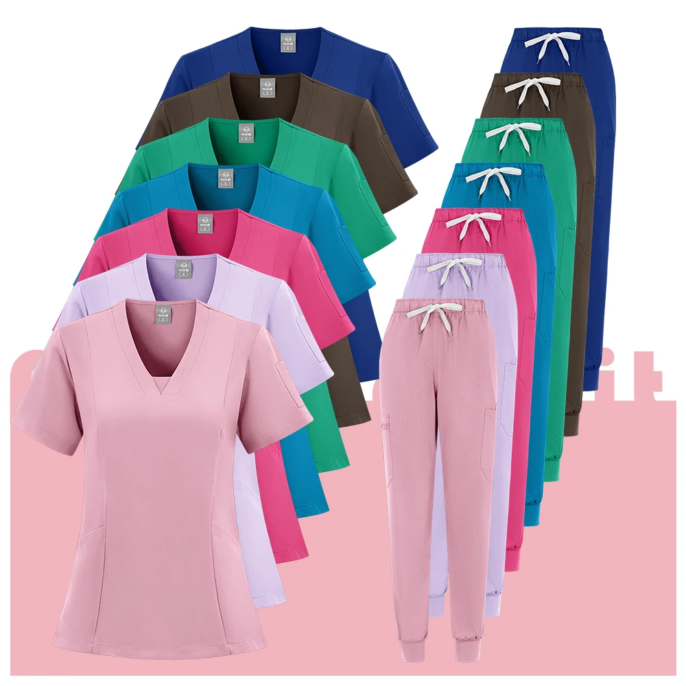 High Quality Soft Elastic Fabric Medical Scrub Sets Blouse and Pants Beauty Salons Dental Hospitals Nurse Vet Working Clothes
