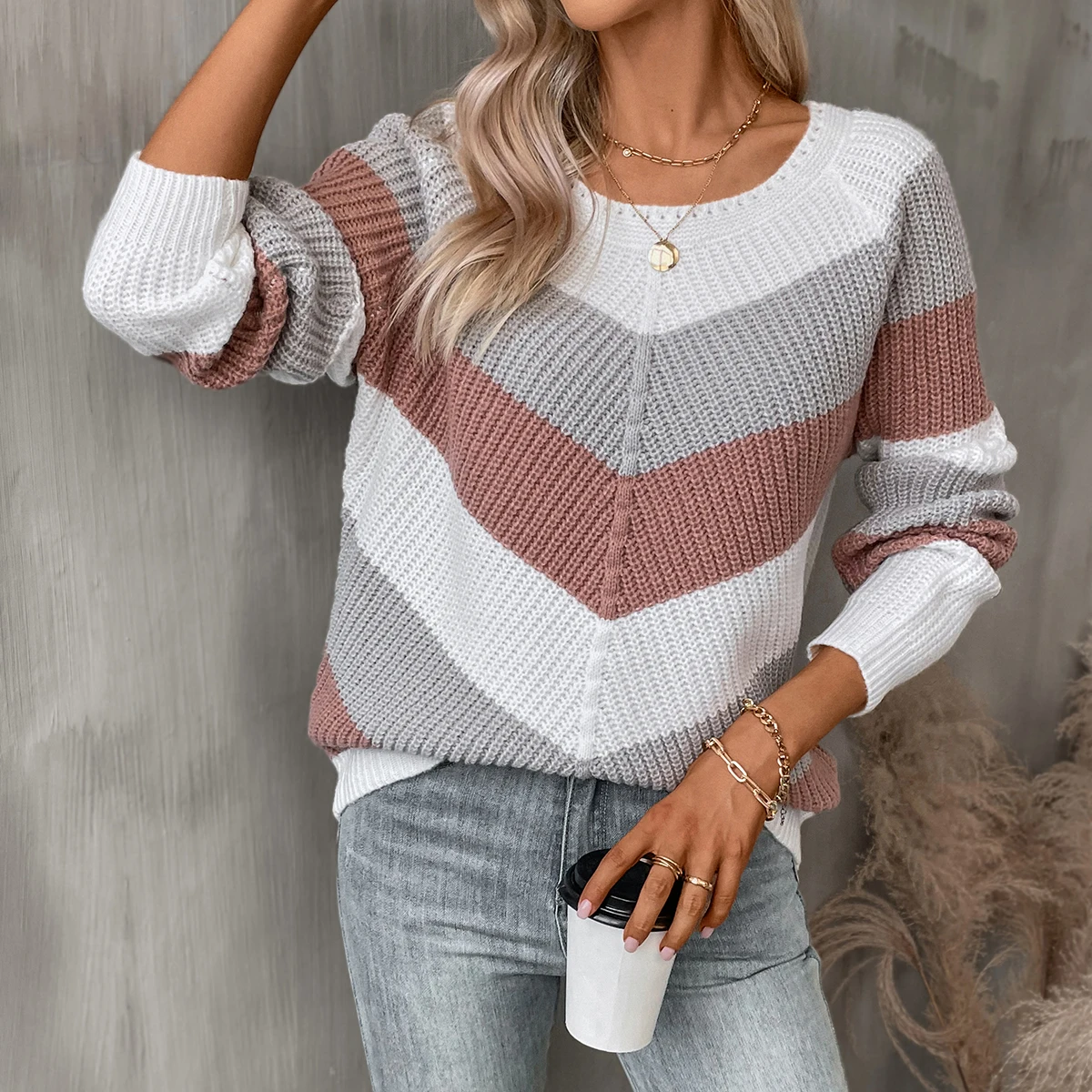 Women Round Neck V‑Shape Color Block Striped Knit Sweater, Loose Drop Shoulder Long Sleeve, Autumn Winter Casual Commute Pullove