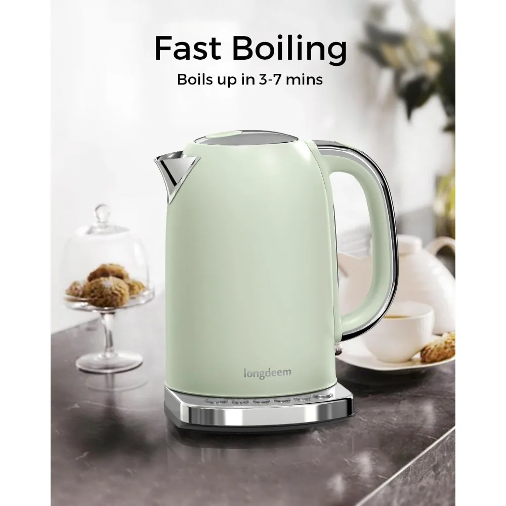 Electric Tea Kettle, Rapid Coffee/Tea Brewing with 5 Temperature Control Presets, Non BPA, Green, Stainless Inner Lid & Bottom.